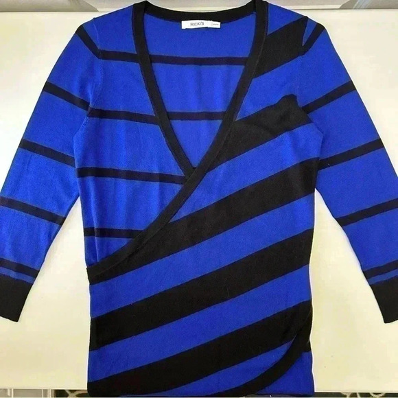 Ricki’s Wrap Front Sweater Deep V Neckline Thin Knit Blue Black Stripes  XS - Picture 11 of 15